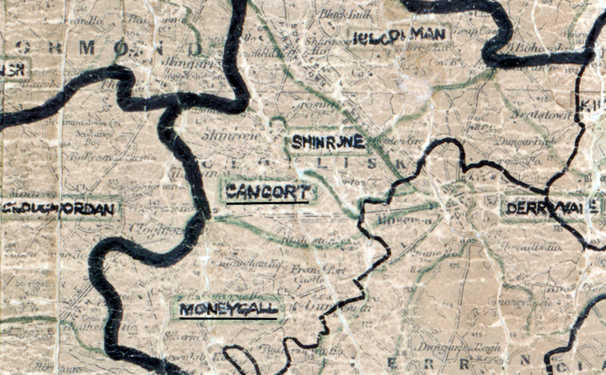 A scanned, worn historical map from the 1940s of the  rural electrification area around Cangort. A  hand‑drawn boundary outlines the region.