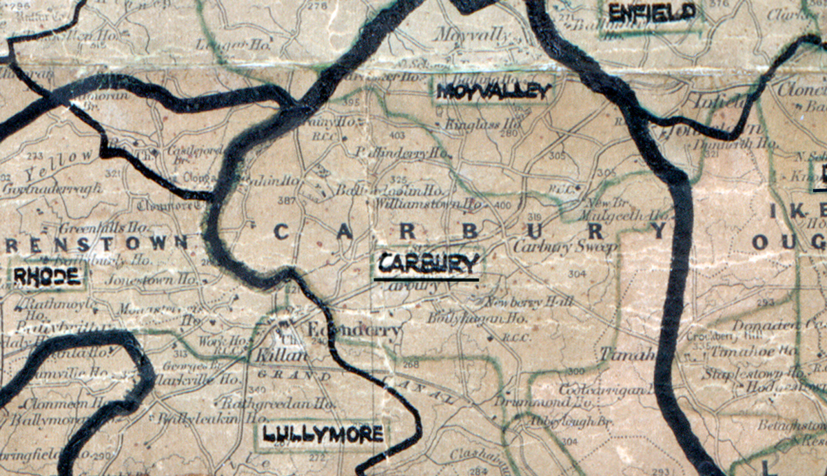 A scanned, worn historical map from the 1940s of the  rural electrification area around  Carbury. A hand‑drawn boundary outlines the region, including Enfield, Rhode, Lullymore and Moyvalley.