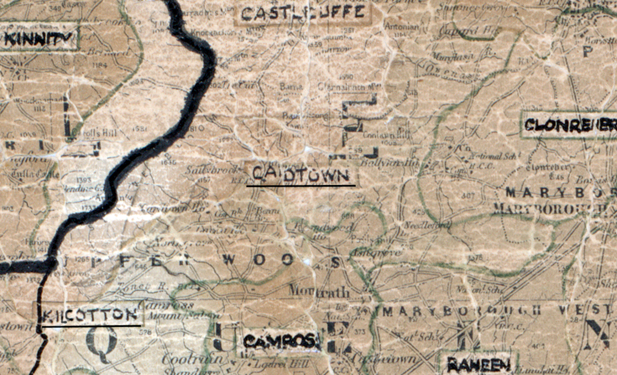 A scanned, worn historical map from the 1940s of the  rural electrification area around Cardtown. A hand‑drawn boundary outlines the region, including Castlecuffe, Kinnity, Clonreher, Kilcotton and Raheen.