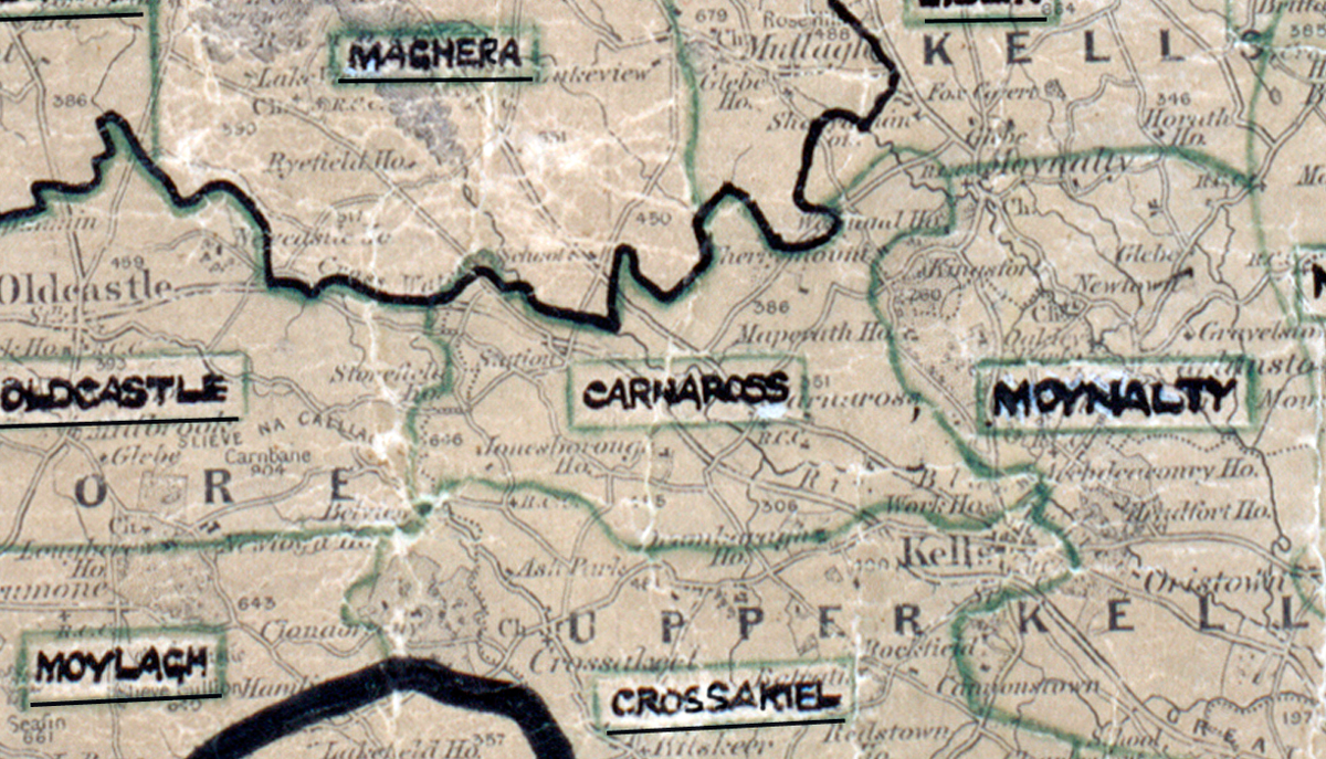 A scanned, worn historical map from the 1940s of the  rural electrification area around  Carnaross. A hand‑drawn boundary outlines the region, including Maghera, Moylagh, Moynalty and Crossakiel.