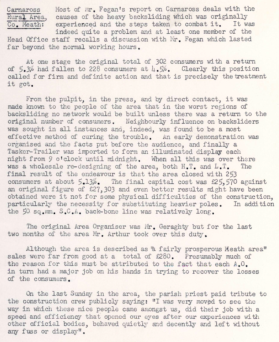 A scanned page from the ESB REO magazine about the Carbury Rural Area.