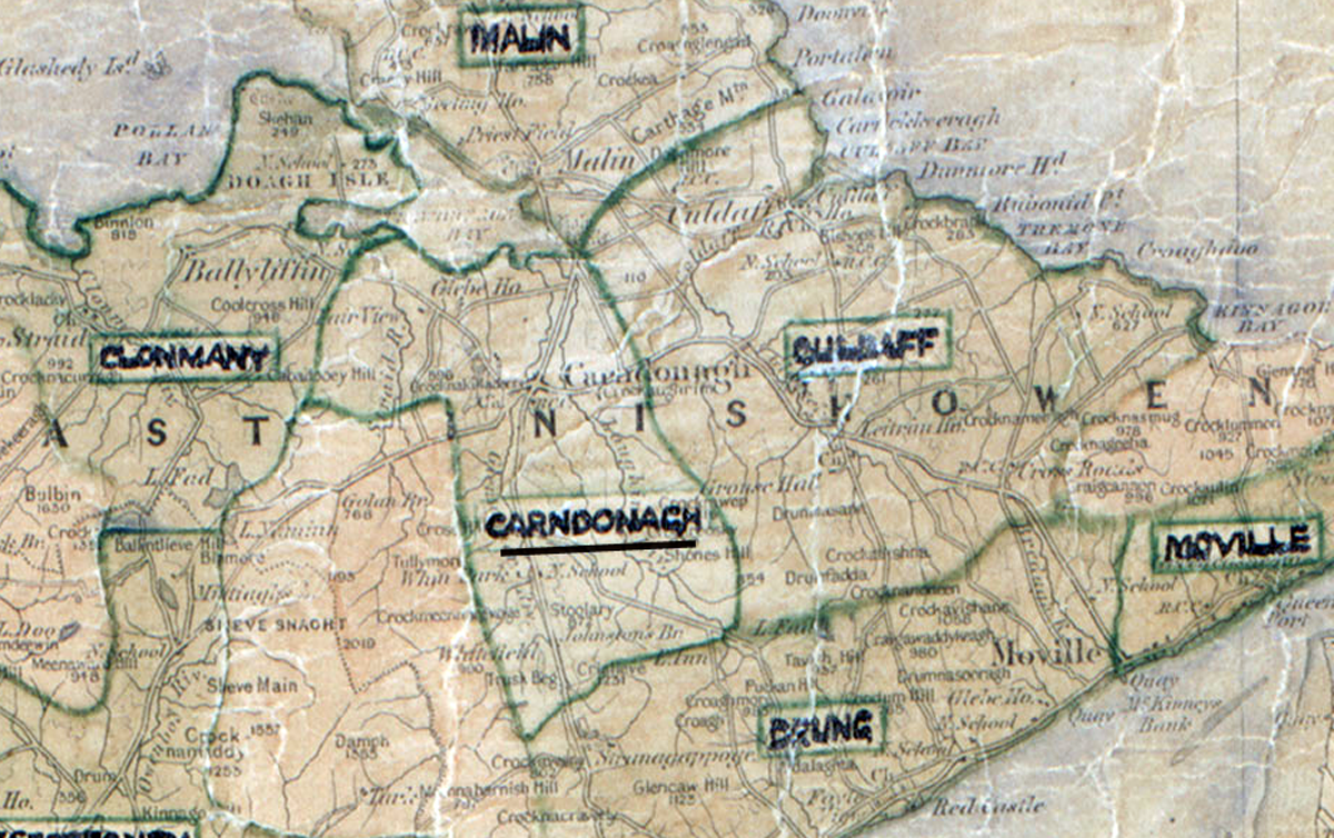 Map extract showing rural electrification areas in County Donegal, including Carndonagh.