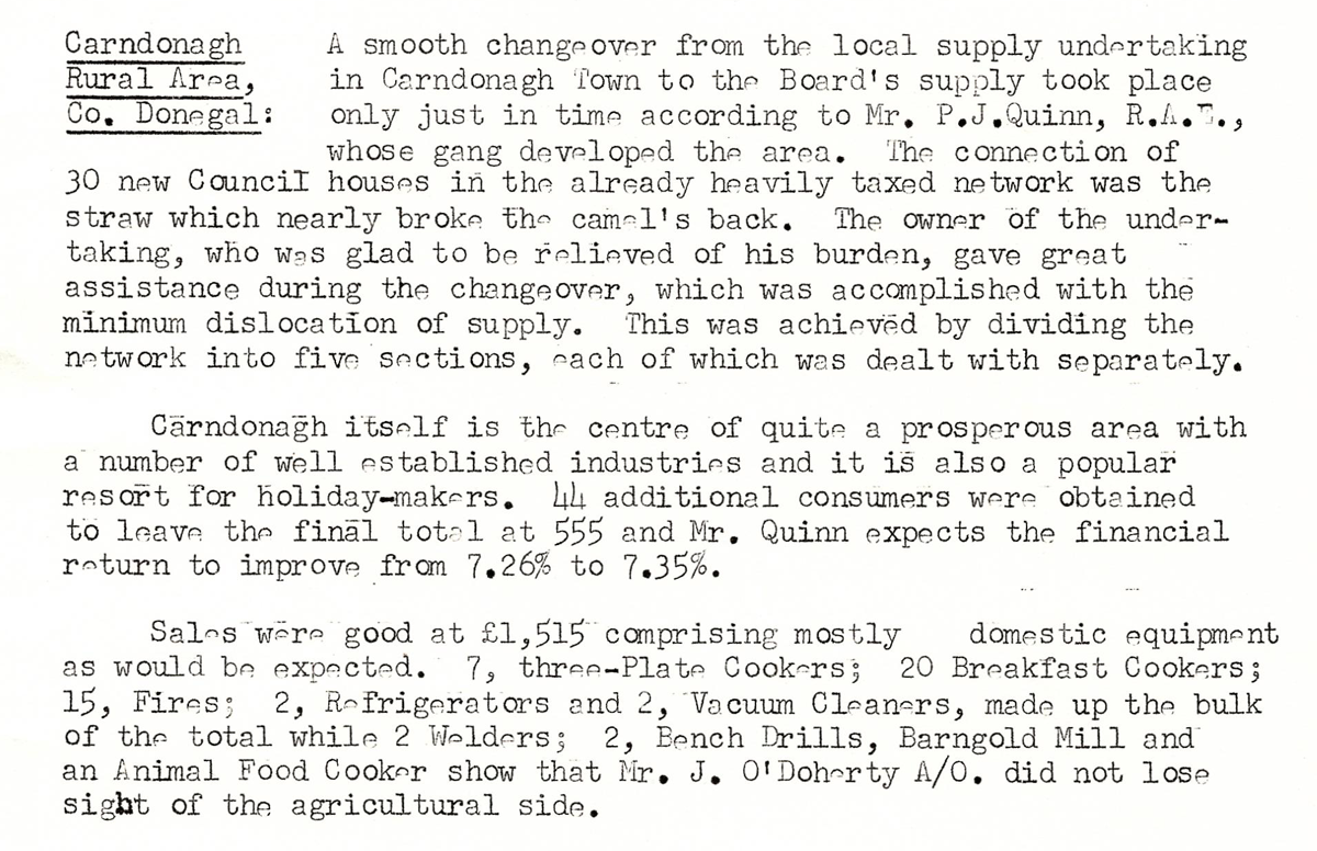 Report on the Carndonagh rural electrification area describing the transfer of the local electricity network to ESB, consumer growth and appliance sales.