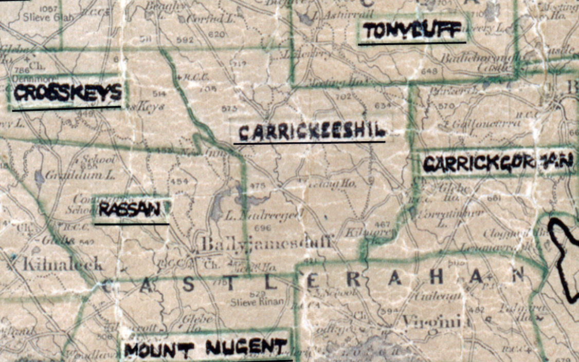 A scanned, worn historical map from the 1940s of the  rural electrification area around Carrickeeshil. A  hand‑drawn boundary outlines the region.