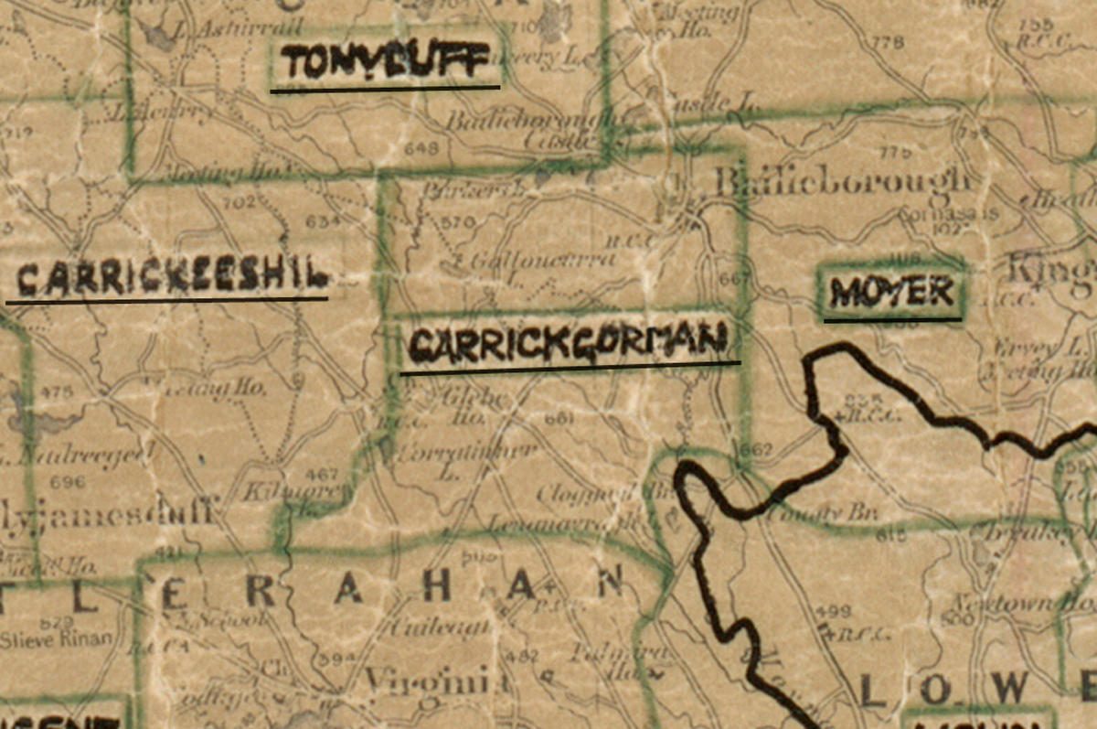 A scanned, worn historical map from the 1940s of the  rural electrification area around Carrickgorman. A  hand‑drawn boundary outlines the region.