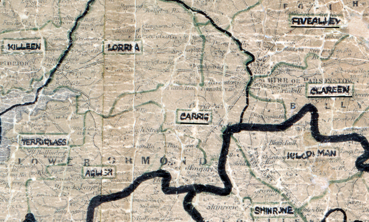 “A scanned, worn historical map from the 1940s of the rural electrification area around Carrig. A hand‑drawn boundary outlines the region, including Killeen and Shinrone