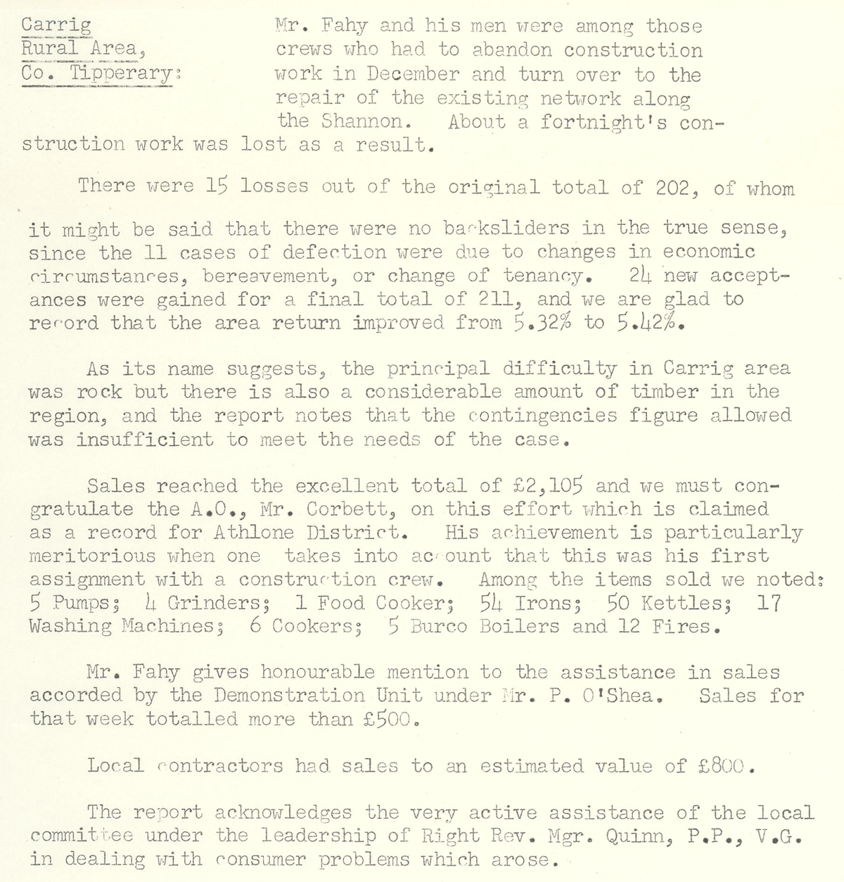 A scanned page from the ESB REO magazine about the Carrig Rural Area