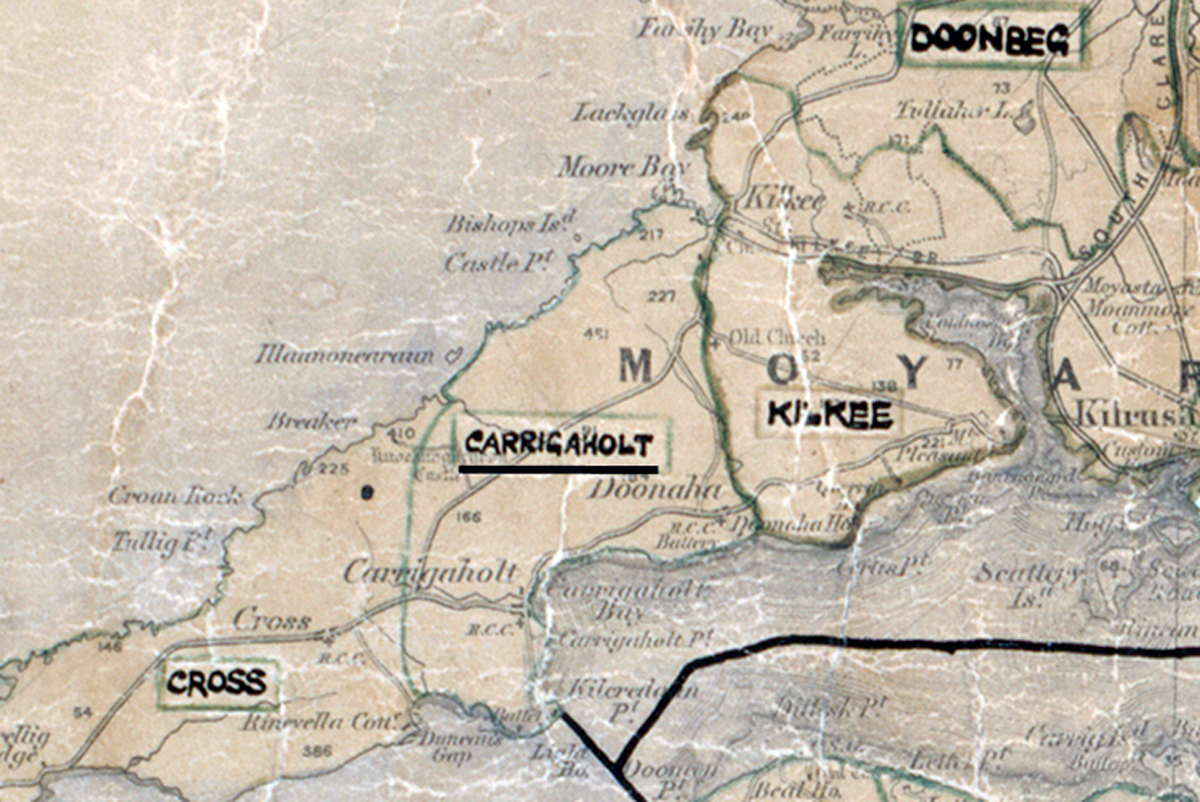 “A scanned, worn historical map from the 1940s of the rural electrification area around Carrigaholt. A hand‑drawn boundary outlines the region, including Cross and Doonbeg.
