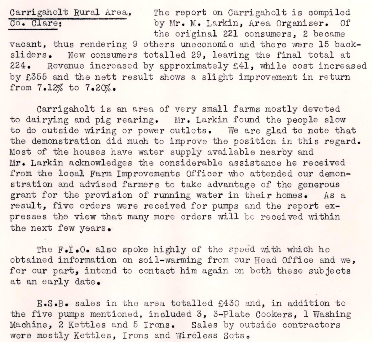 “A scanned page from the ESB REO magazine about the Carrigaholt Rural Area”
