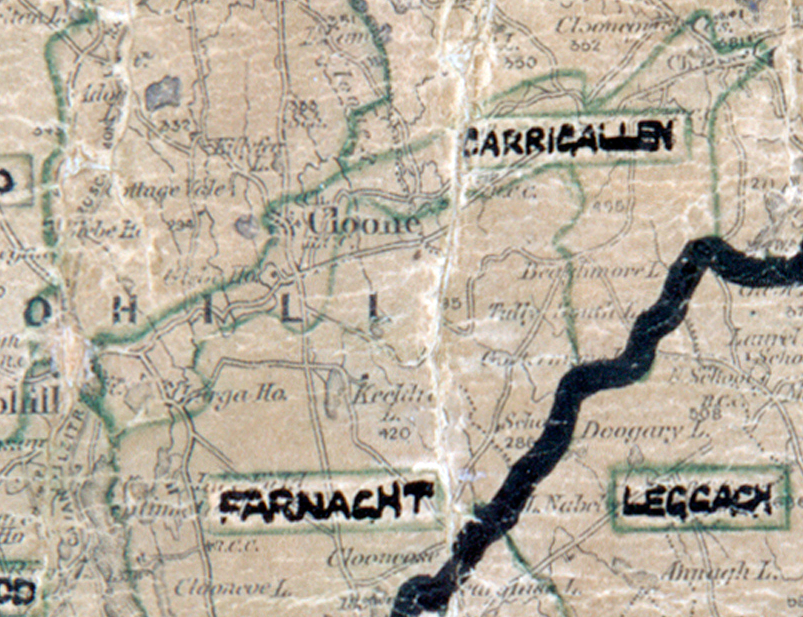 “A scanned, worn historical map from the 1940s of the rural electrification area around Carrigallen. A hand‑drawn boundary outlines the region, including Farnacht and Leggach.