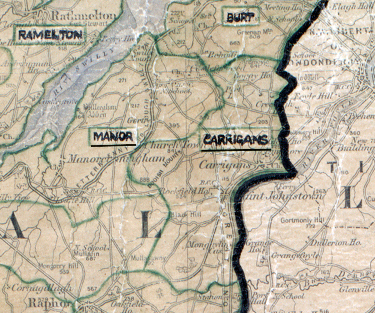 A scanned, worn historical map from the 1940s of the  rural electrification area around Carrigans. A  hand‑drawn boundary outlines the region.