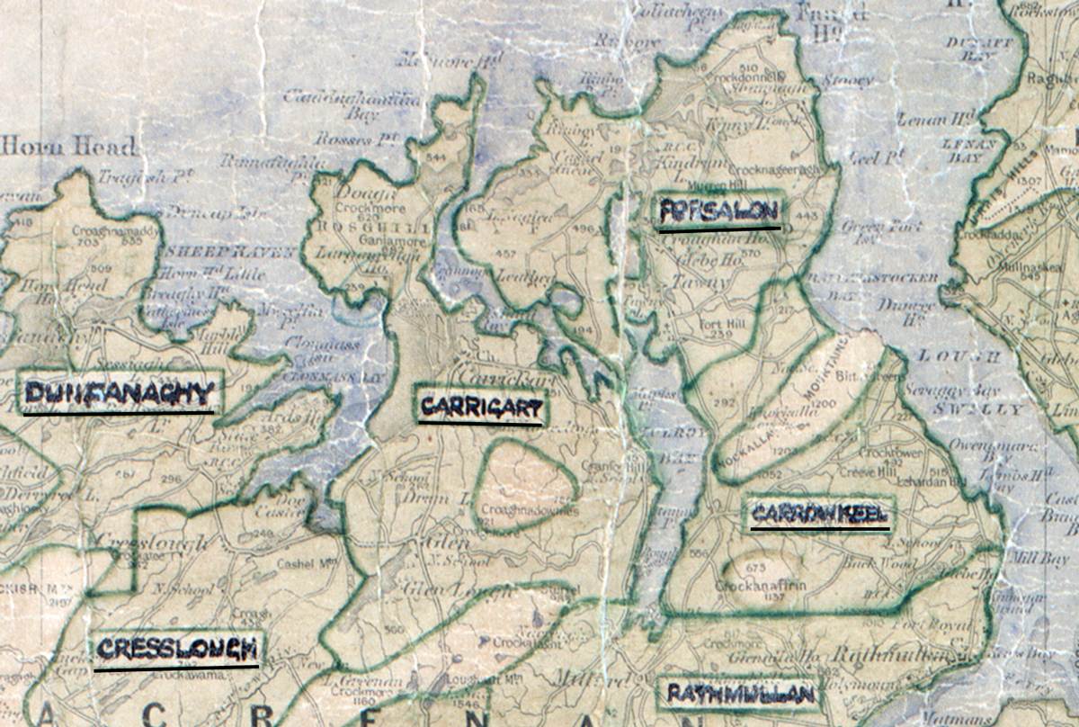 A scanned, worn historical map from the 1940s of the  rural electrification area around Carrigart. A  hand‑drawn boundary outlines the region.