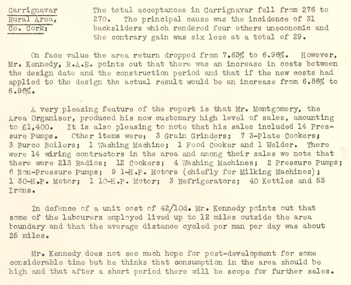 A scanned page from the ESB REO magazine about the Carrignavar Rural Area.