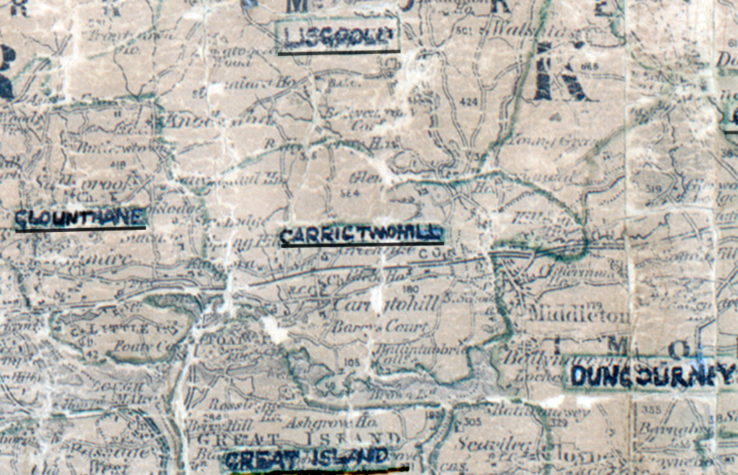 A scanned, worn historical map from the 1940s of the  rural electrification area around Carragtwohill. A hand‑drawn boundary outlines the region, including Lisgoold, Glounthane, Great Island and Dungourney.