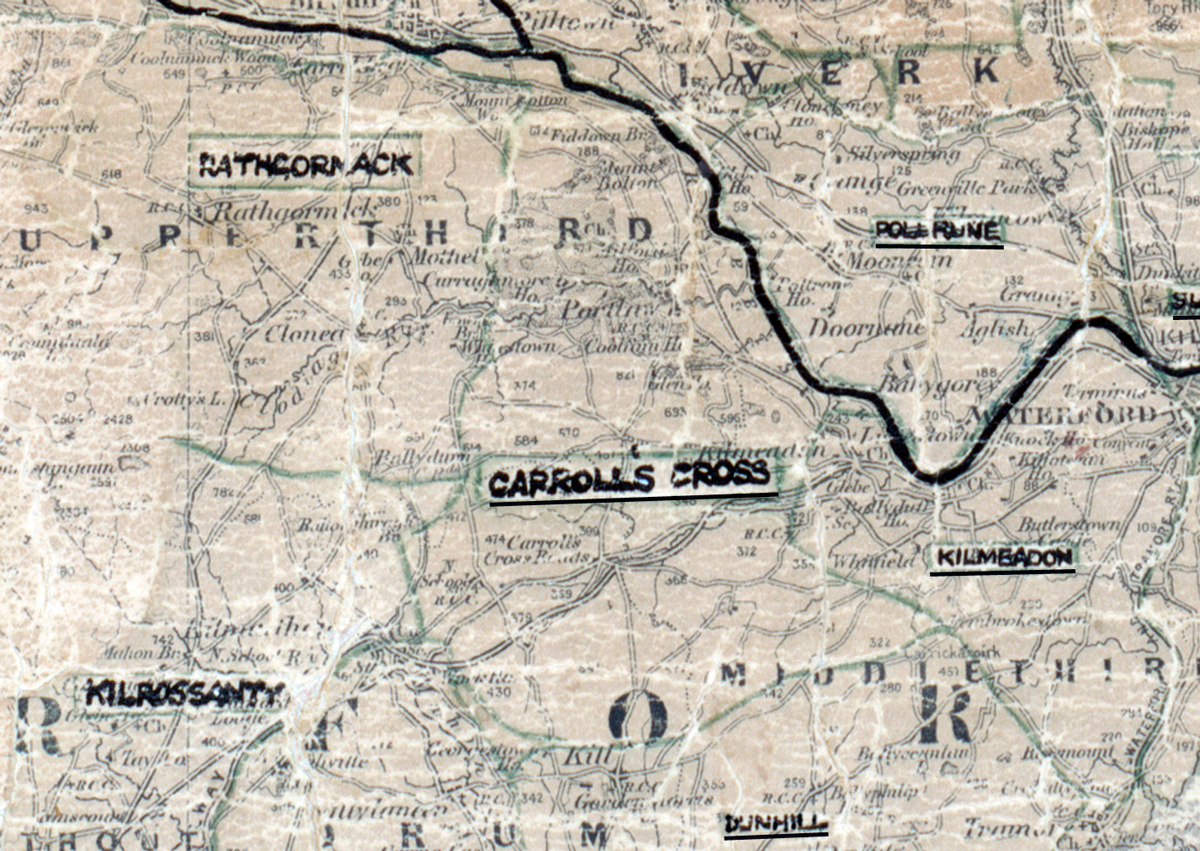 A scanned, worn historical map from the 1940s of the  rural electrification area around Carrolls Cross. A  hand‑drawn boundary outlines the region.