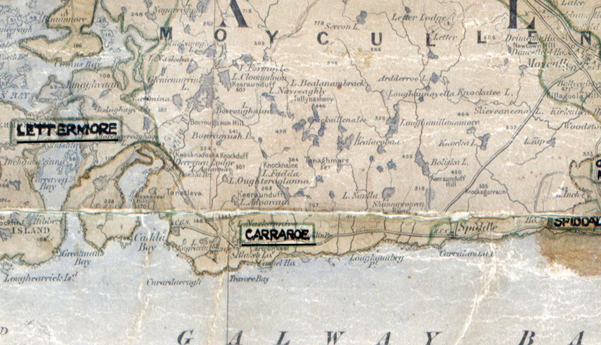 A scanned, worn historical map from the 1940s of the  rural electrification area around Carroroe. A  hand‑drawn boundary outlines the region.