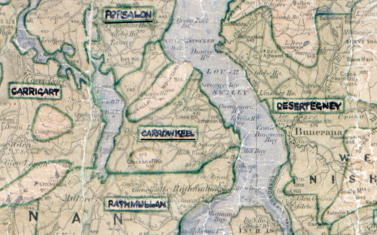 A scanned, worn historical map from the 1940s of the rural electrification area around Carrowkeel. A hand‑drawn boundary outlines the region, including Carrigart, Rathmullan, and Desertteegny.