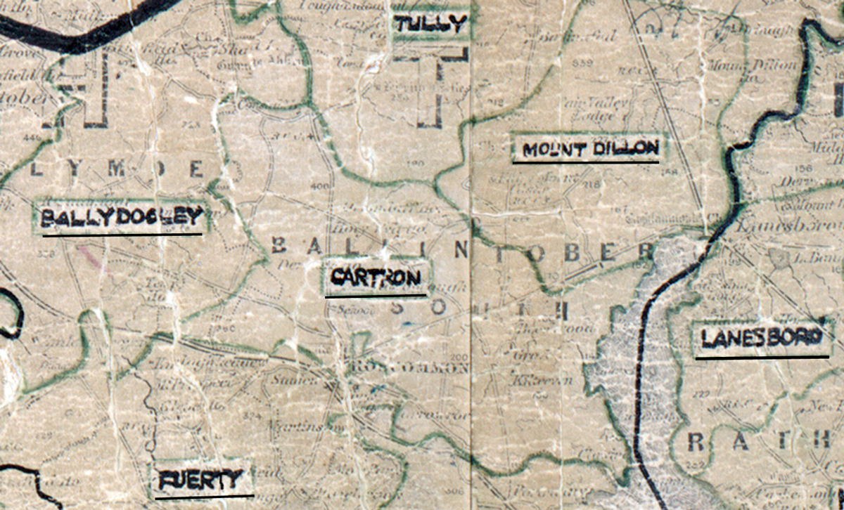 A scanned, worn historical map from the 1940s of the  	rural electrification area around  Cartron. A hand‑drawn boundary outlines the region, including Tully, Ballydooley, Fuerty, Mount Dillon and Lanesboro.