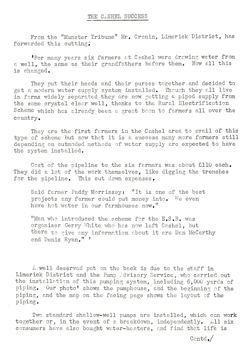 Article titled “The Cashel Success” describing a group water supply scheme established by farmers in the Cashel area with support from rural electrification.