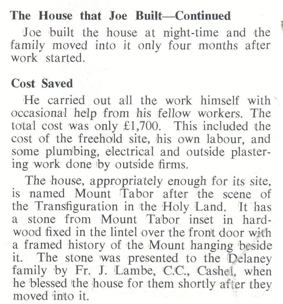 Article continuation describing the completion and cost of a self-built family home in Cashel, including details of its construction and the origin of its name, Mount Tabor.