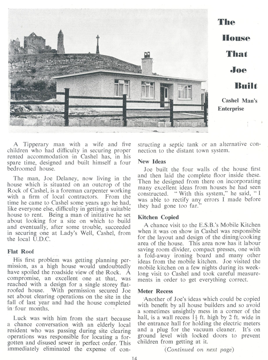 Magazine article about a self-built family home in Cashel, featuring a photograph of a single-storey house with the Rock of Cashel visible on the hillside behind it.