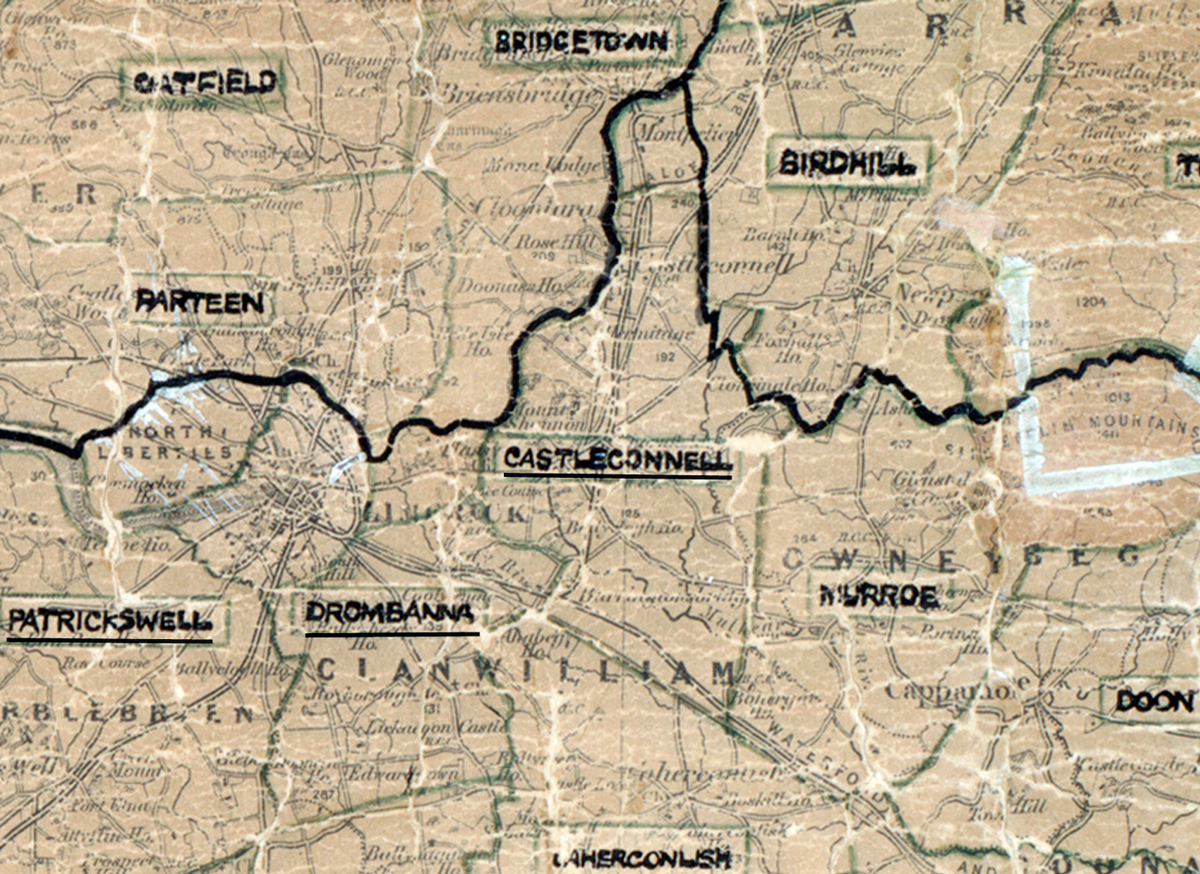 A scanned, worn historical map from the 1940s of the  rural electrification area around Casteconell. A  hand‑drawn boundary outlines the region.