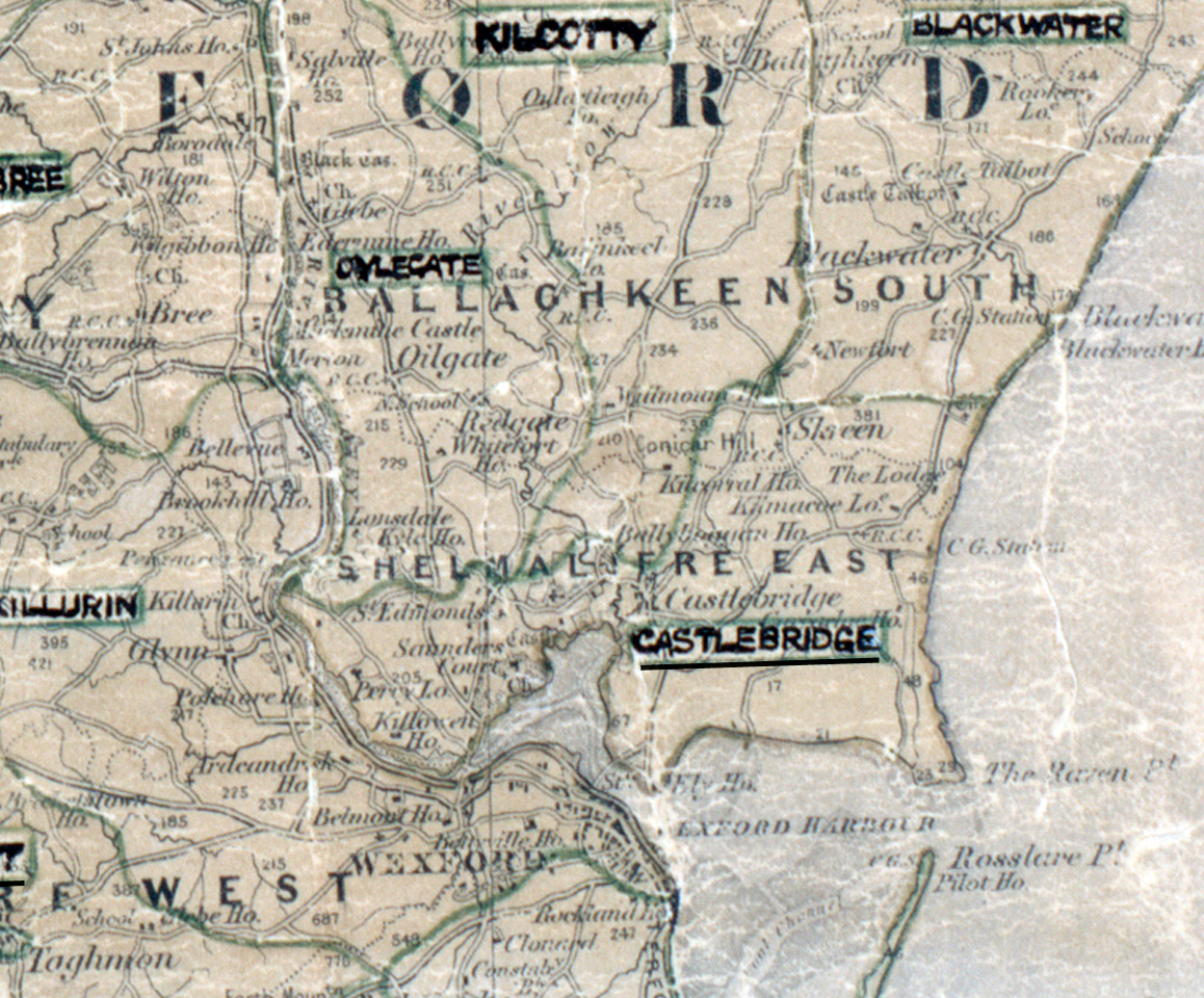 “A scanned, worn historical map from the 1940s of the rural electrification area around Castlebridge. A hand‑drawn boundary outlines the region, including Blackwater and Kilcotty.