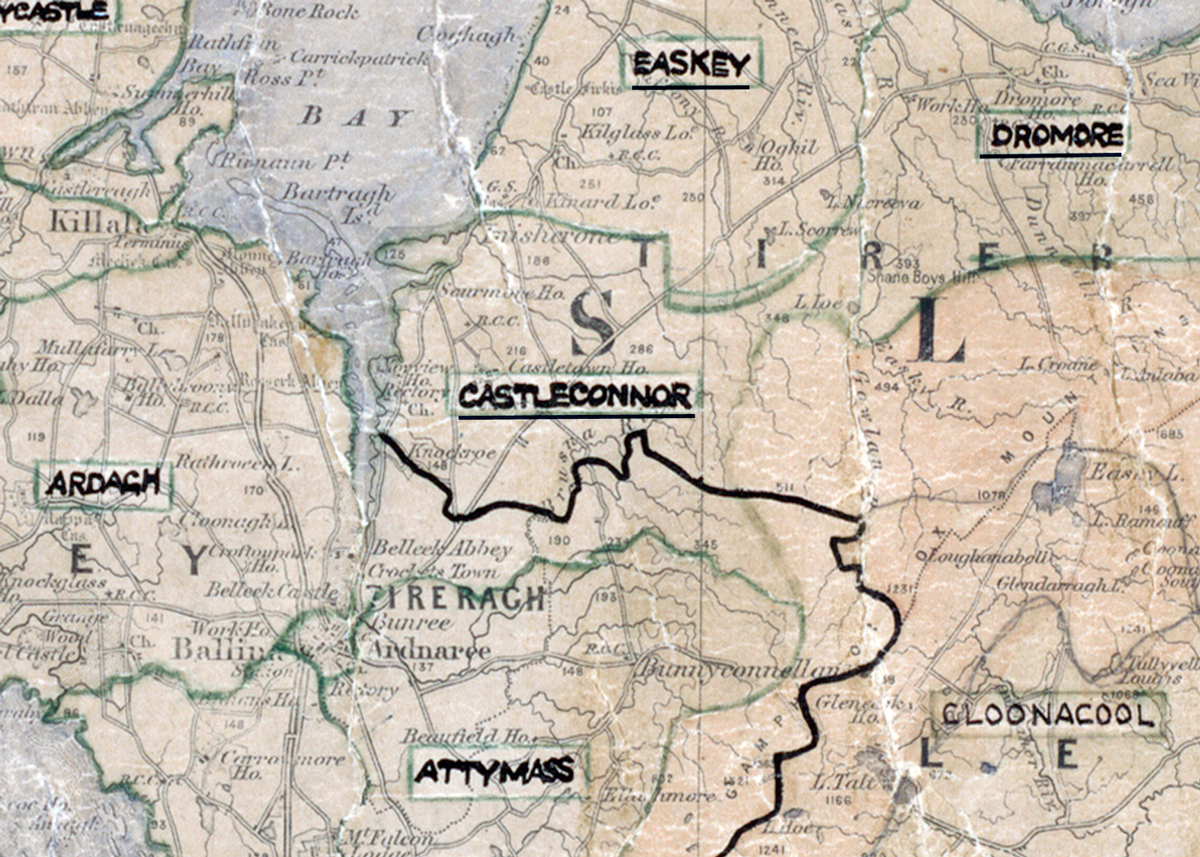 A scanned, worn historical map from the 1940s of the  rural electrification area around Castleconnor. A hand‑drawn boundary outlines the region, including Easkey, Ardach, Attymass, Dromore and Cloonacool.