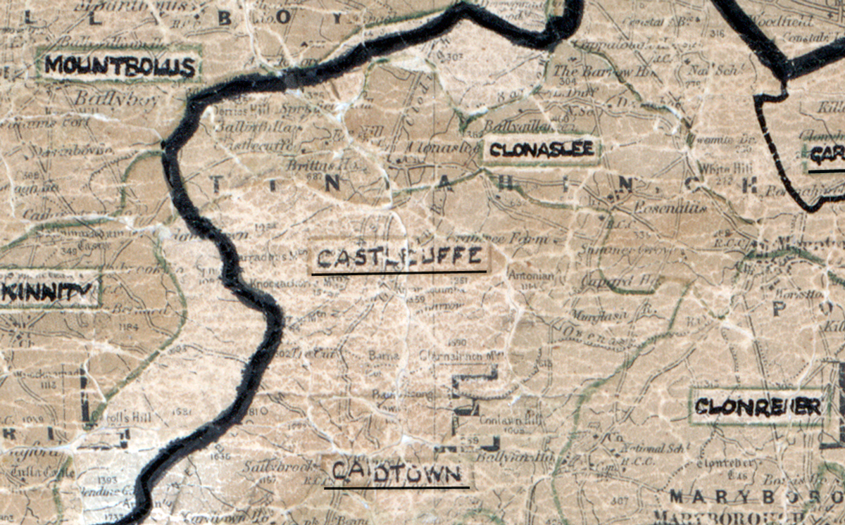 A scanned, worn historical map from the 1940s of the  rural electrification area around Castlecuffe. A hand‑drawn boundary outlines the region, including Mountbolus, Clonaslee and Clonreher.