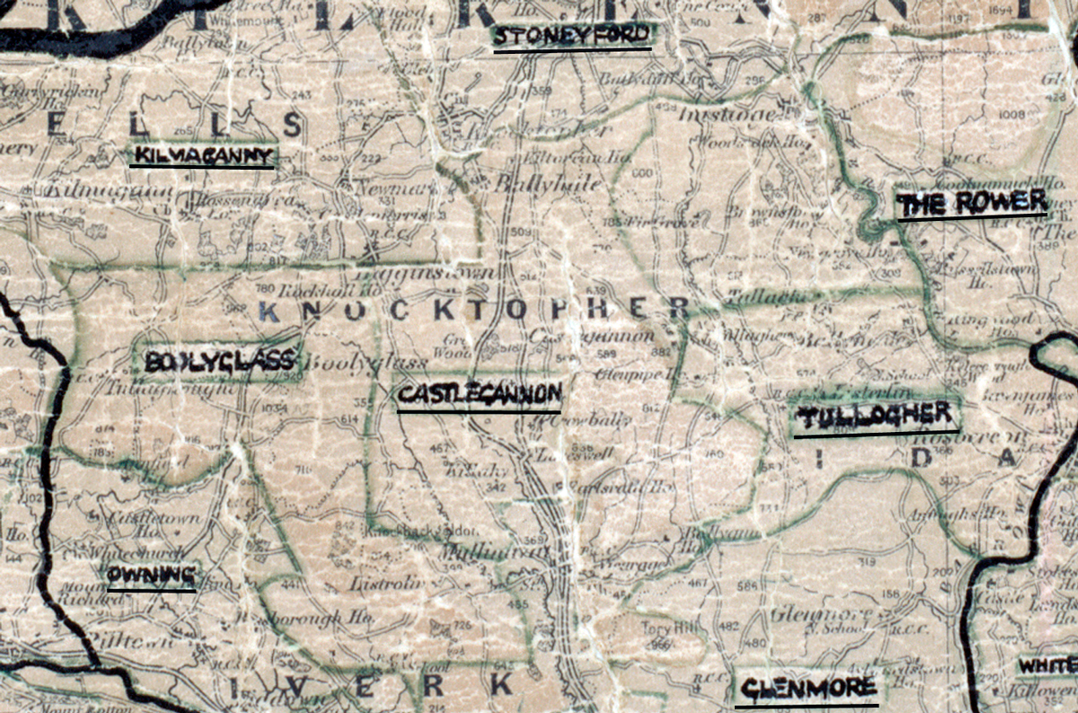 A scanned, worn historical map from the 1940s of the rural electrification area around Castlecannon. A hand‑drawn boundary outlines the region, including Stoneyford, Kilmaganny, The Rower, Tullogher, Glenmore, Owning, and Ballyclasse.