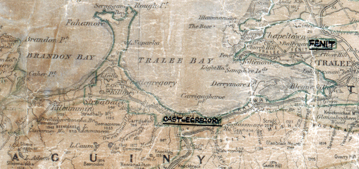 A scanned, worn historical map from the 1940s of the  rural electrification area around  Castlegregory. A hand‑drawn boundary outlines the region, including Fenit.