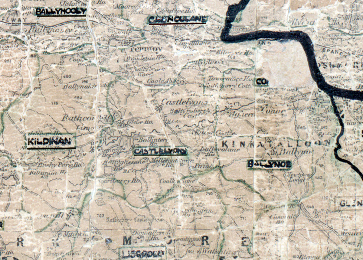 A scanned, worn historical map from the 1940s of the  rural electrification area around  Castlelyons. A hand‑drawn boundary outlines the region, including Ballyhooly, Kildinan, Clondulane and Lisgold.