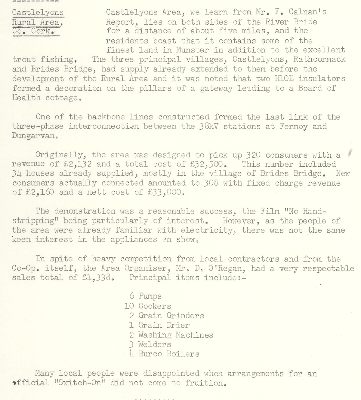 A scanned page from the ESB REO magazine about the Castlelyons Rural Area.