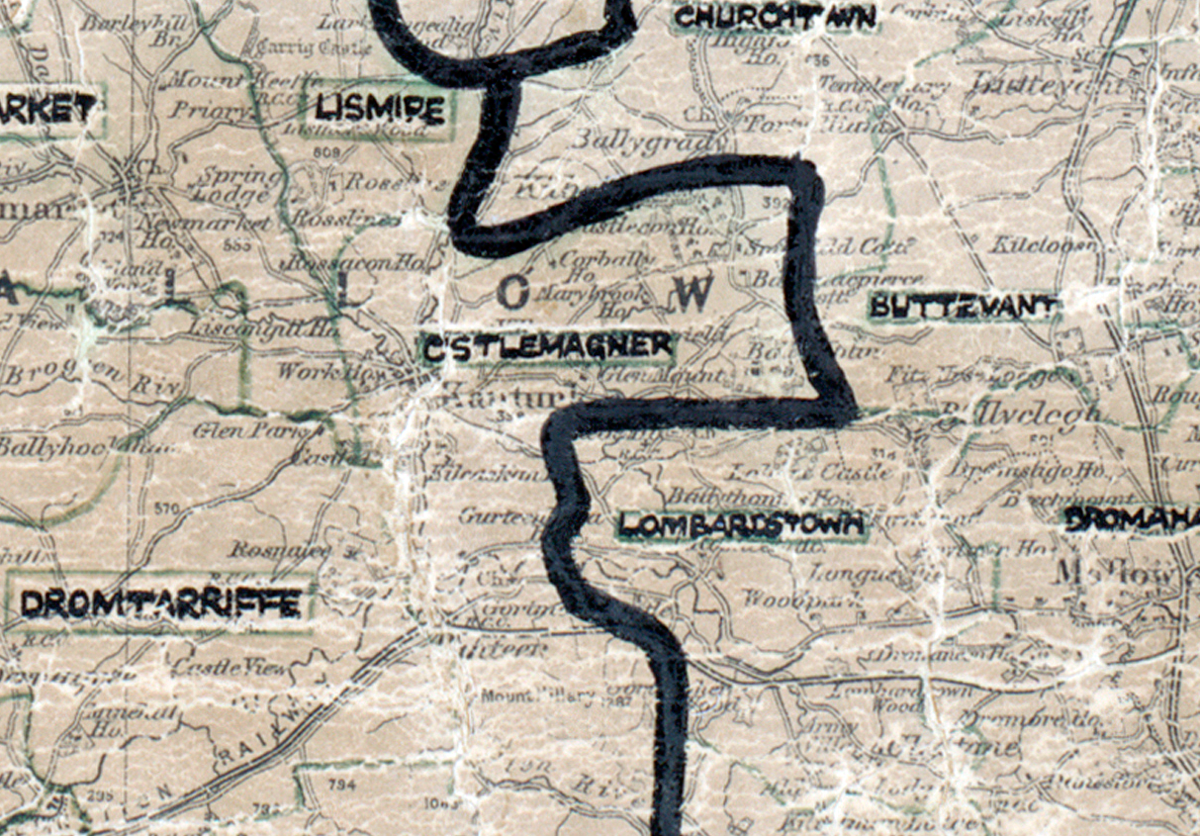 A scanned, worn historical map from the 1940s of the  rural electrification area around  Castlemagner. A hand‑drawn boundary outlines the region, including Lismire, Churchtown, Buttevant, Dromahane and Dromtarriffe.