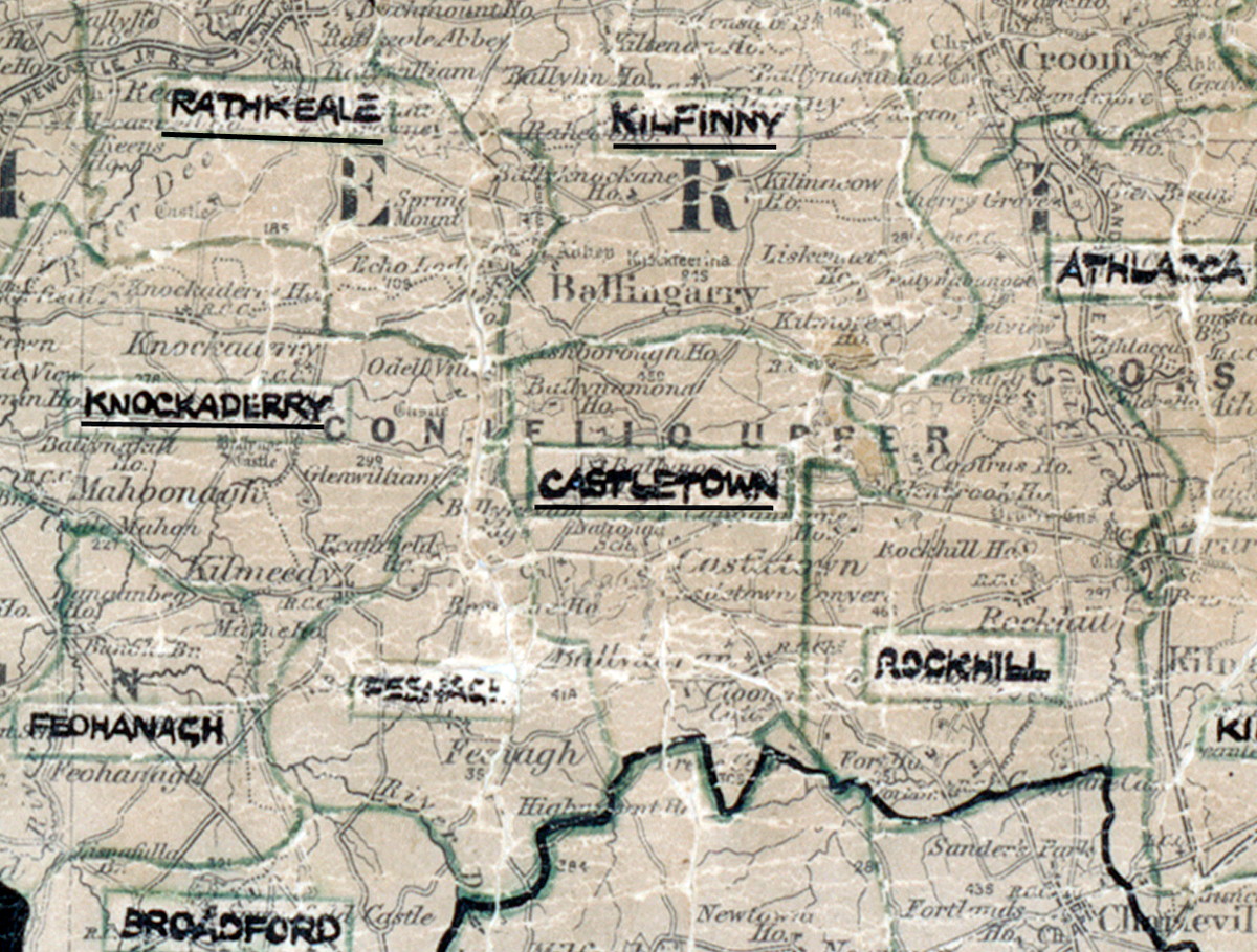 A scanned, worn historical map from the 1940s of the  rural electrification area around Castletown. A  hand‑drawn boundary outlines the region.