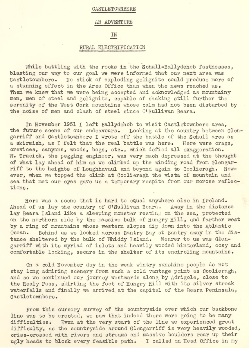 A scanned page from the ESB REO magazine about the Castletownbere Rural Area.