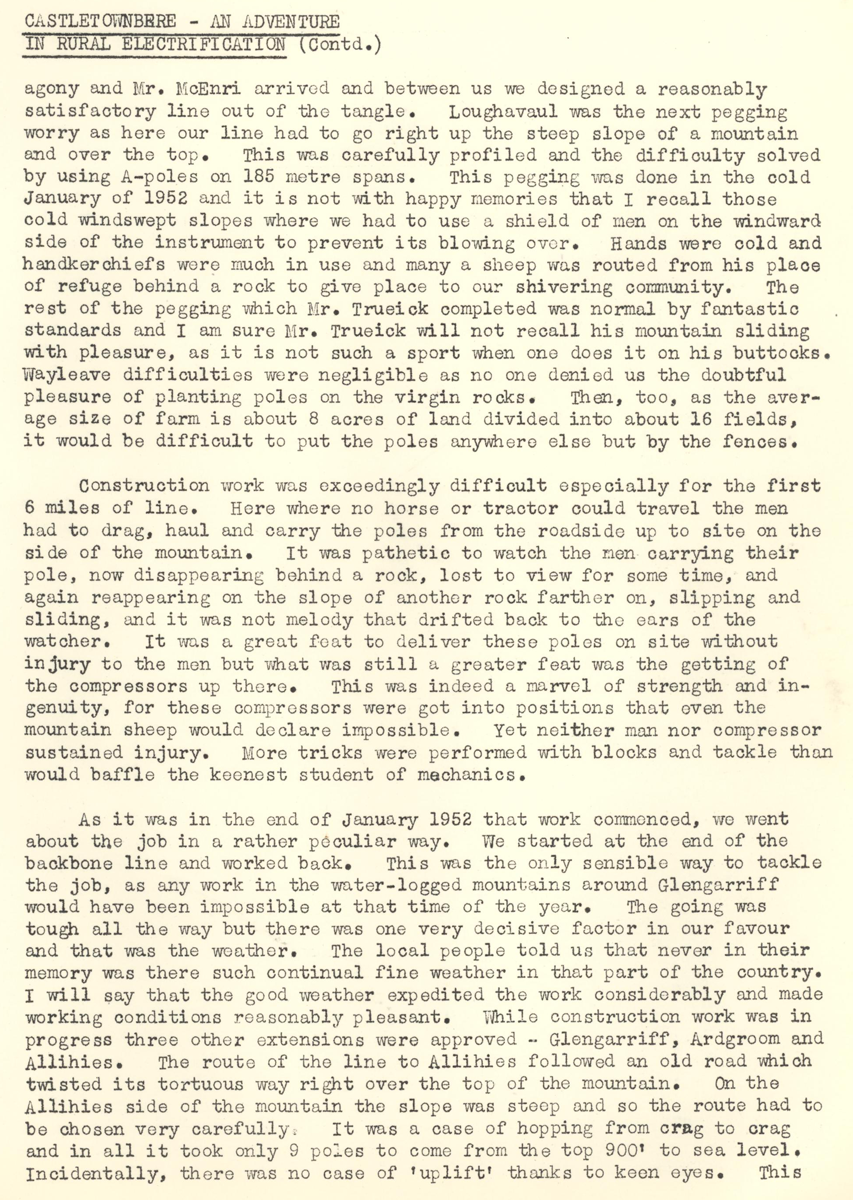 A scanned page from the ESB REO magazine about the Castletownbere Rural Area.
