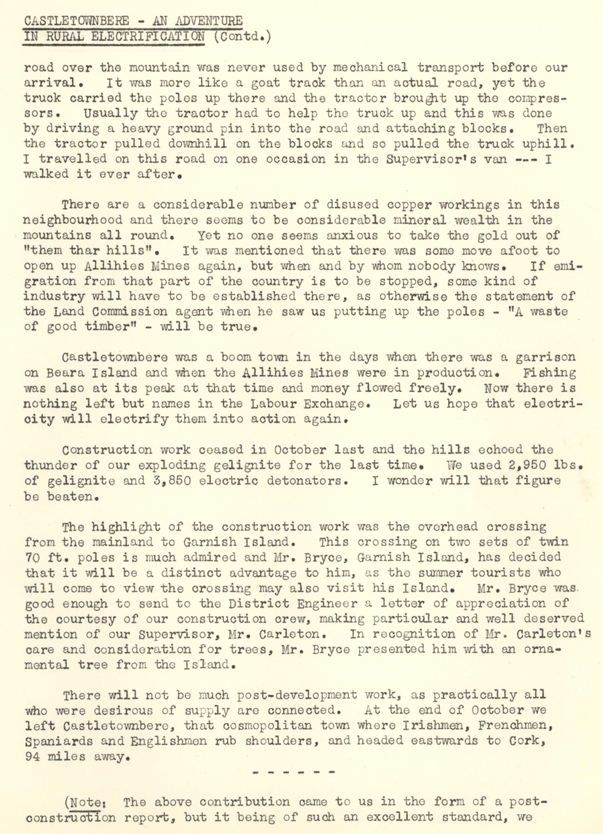 A scanned page from the ESB REO magazine about the Castletownbere Rural Area.