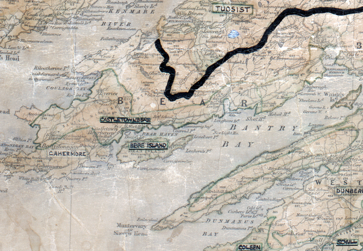 A scanned, worn historical map from the 1940s of the  rural electrification area around  Castletownbere. A hand‑drawn boundary outlines the region, including Bere Island, Cahermore and Tuosist.