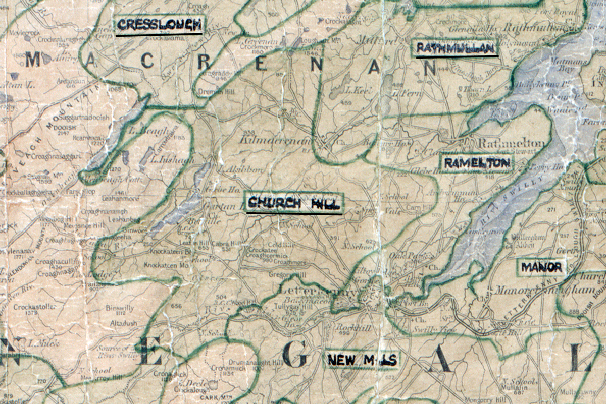 A scanned, worn historical map from the 1940s of the  rural electrification area around churchill. A  hand‑drawn boundary outlines the region.