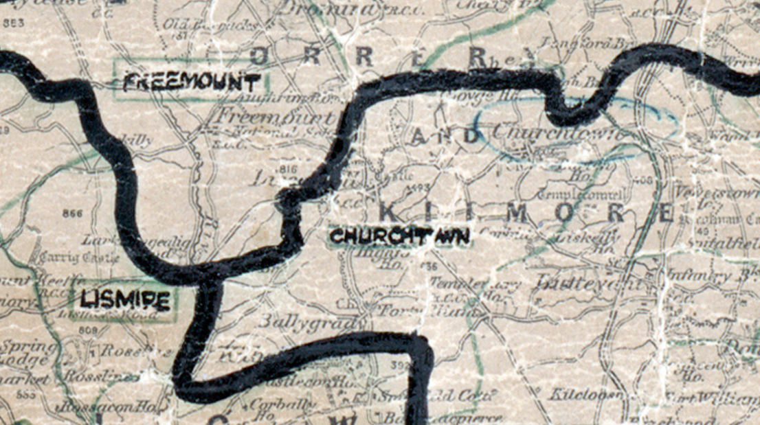 A scanned, worn historical map from the 1940s of the  rural electrification area around Churchtown. A hand‑drawn boundary outlines the region, including Freemount and Lismire.