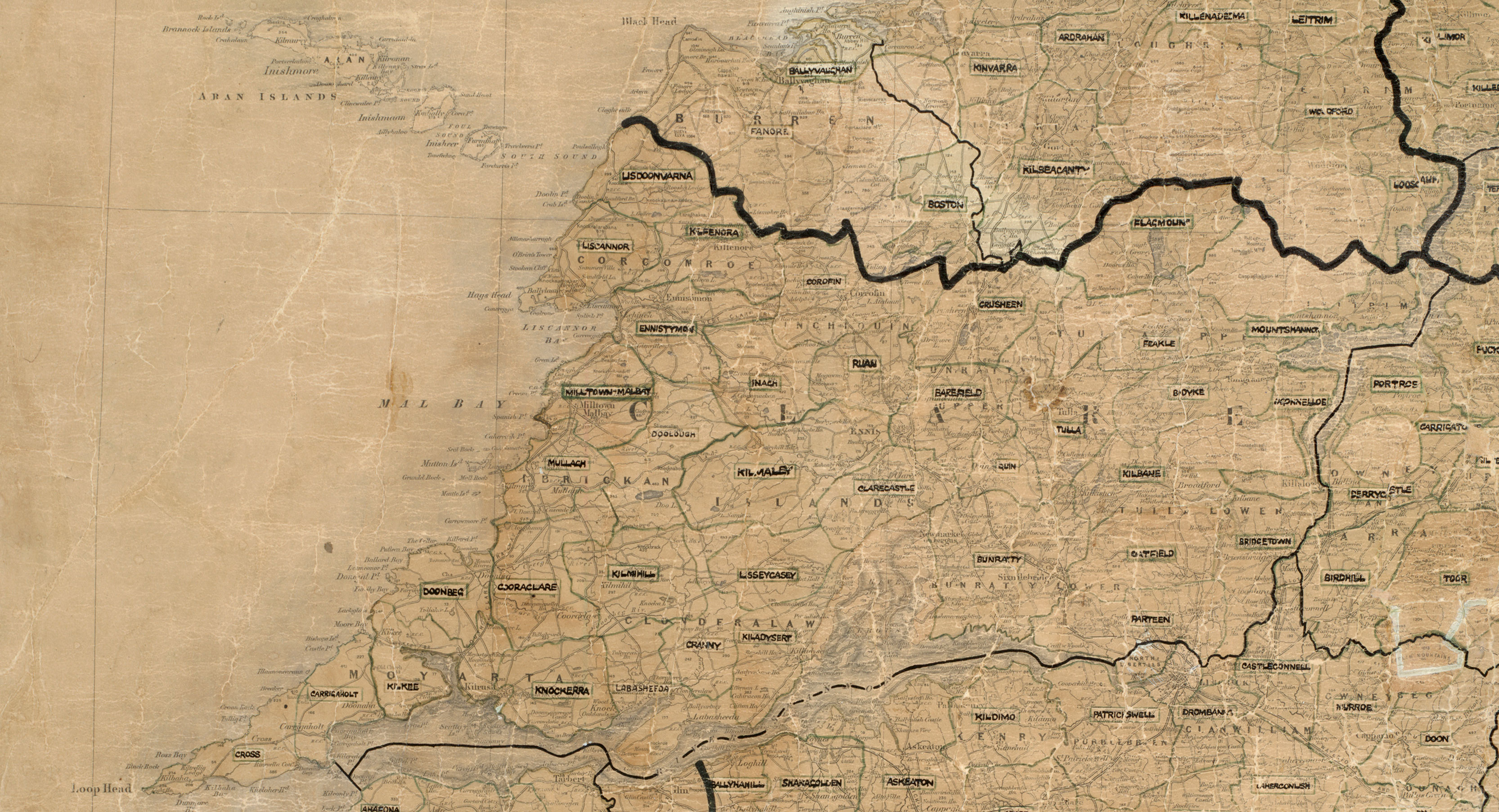 Map of County Clare showing the 40 rural areas created for the Rural Electrification Scheme, with area boundaries and place names marked across the county.