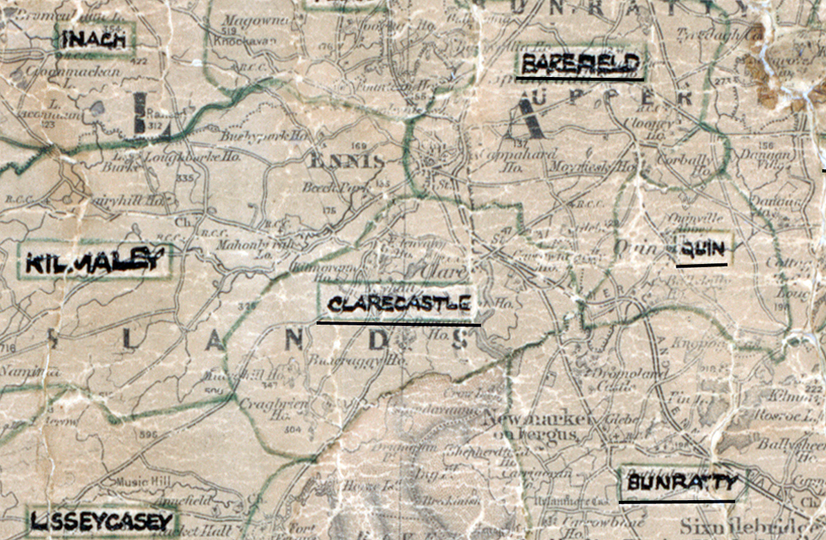 “A scanned, worn historical map from the 1940s of the rural electrification area around Clarecastle. A hand‑drawn boundary outlines the region, including Quin, Barefield and Lisseycasey.