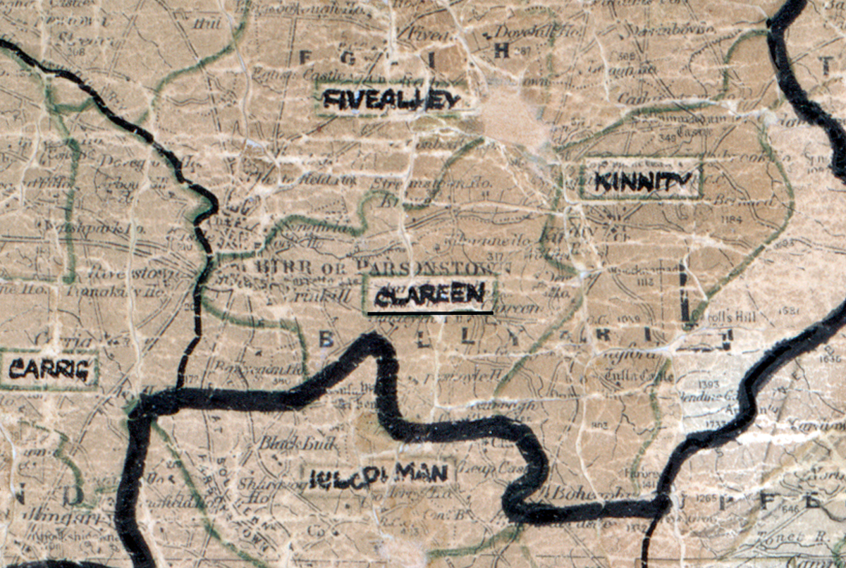 A scanned, worn historical map from the 1940s of the  rural electrification area around Clareen. A  hand‑drawn boundary outlines the region.