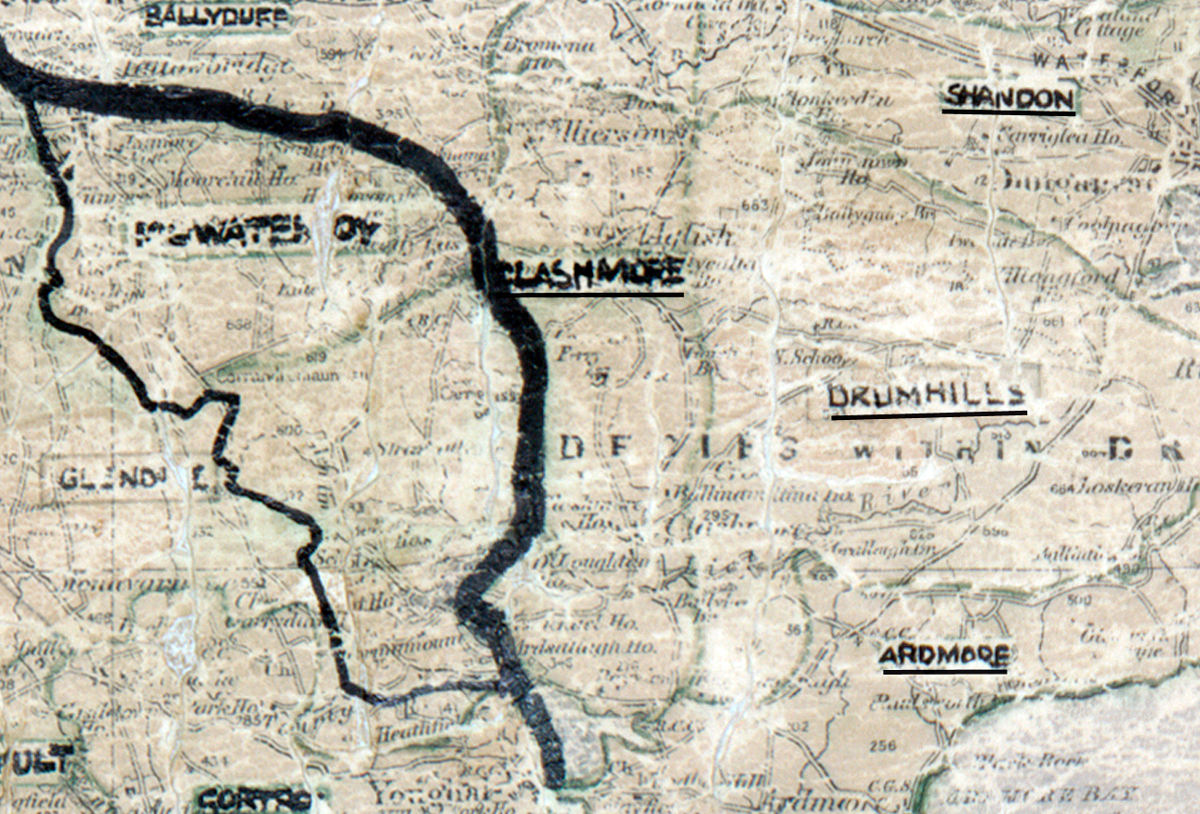 A scanned, worn historical map from the 1940s of the  rural electrification area around Clashmore. A  hand‑drawn boundary outlines the region.