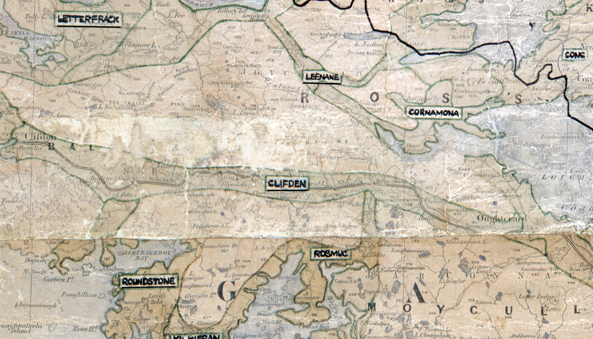 A scanned, worn historical map from the 1940s of the  rural electrification area around Clifden. A  hand‑drawn boundary outlines the region.