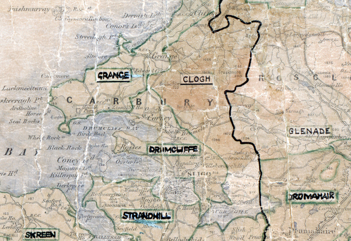 A scanned, worn historical map from the 1940s of the  rural electrification area around Clogh. A  hand‑drawn boundary outlines the region.