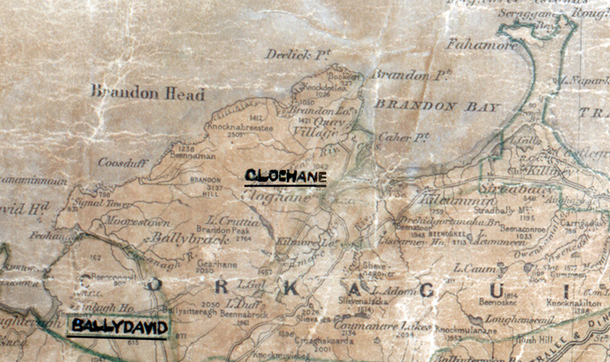 A scanned, worn historical map from the 1940s of the  rural electrification area around Clochane. A hand‑drawn boundary outlines the region, including Ballydavid.
