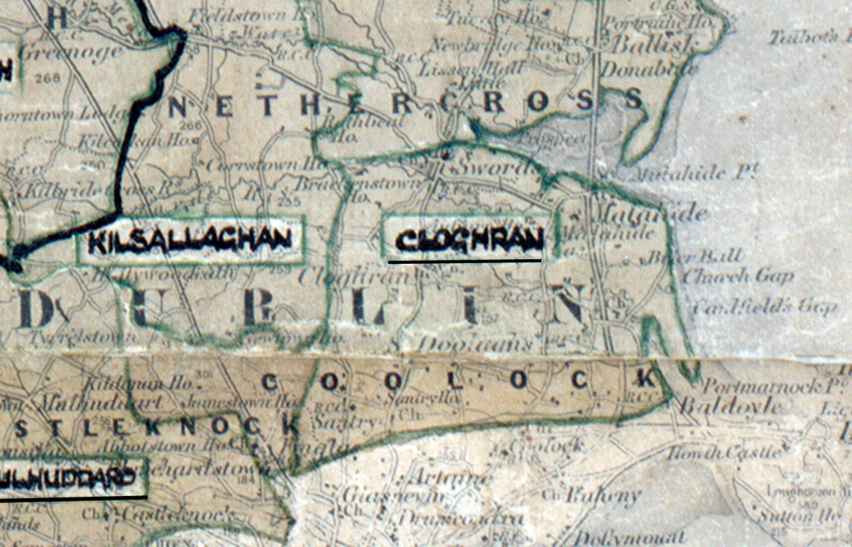 “A scanned, worn historical map from the 1940s of the rural electrification area around Cloghran. A hand‑drawn boundary outlines the region, including Kilsallaghan.