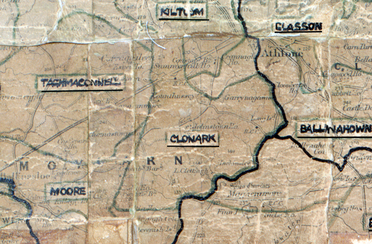 A scanned, worn historical map from the 1940s of the  rural electrification area around  Clonark. A hand‑drawn boundary outlines the region, including Kiltoom, Taghmaconnell and Moore.